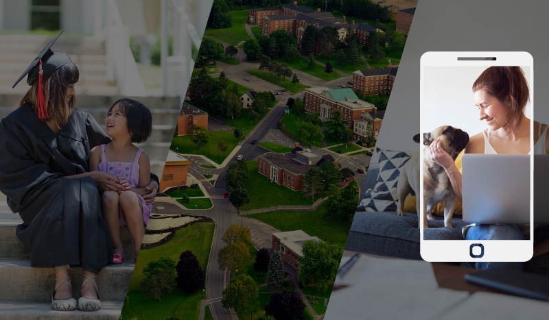 Image with 3 photos including the UNB campus, a graduate, and a woman petting her dog