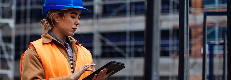 Photography of a safety worker with the words "Next steps" on top in white