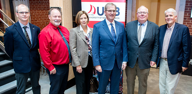 L-R: Jeff Rankin, executive director, Off-site Construction Research Centre; David MaGee, vice president, research, UNB; Anne Oxley, director, Ocean Capital Holdings Limited; Hans O. Klohn, president, OSCO Construction Group; John Irving, chair of the OSCO Construction Group; and Peter Klohn, director, Ocean Holdings Inc.