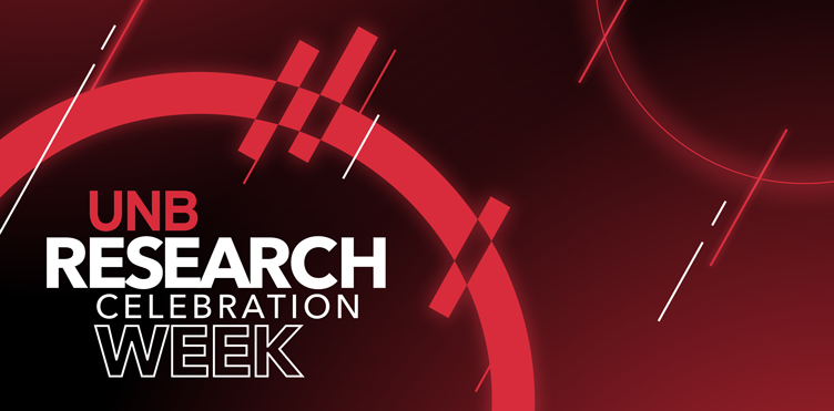 A banner image featuring an abstract representation of research and innovation, with a partial circle bisected by lines pushing outward and the text "UNB Research Celebration Week"